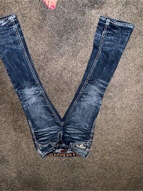 Rock Revival Dark Blue Boot Cut Jeans with Faded Detail